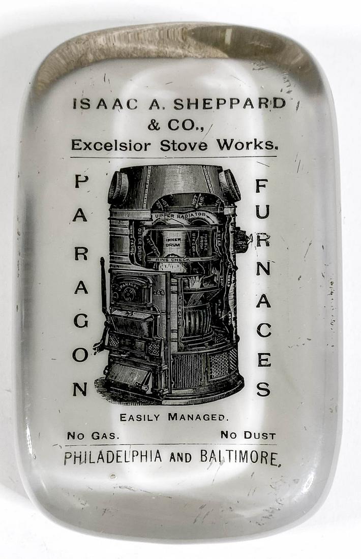 ISAAC A SHEPPARD & CO., Excelsior Stove Works: ISAAC A SHEPPARD & CO., Excelsior Stove Works (Philadelphia & Baltimore) Antique Glass Advertising Paperweight by Barnes & Abrams, Syracuse, New York. Measures .875 x 4 x 2.625 inches. Good to very go