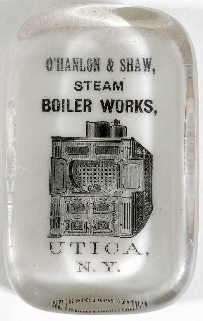 O'Hanlon & Shaw Steam Boiler Works. Barnes, Abrams: O'Hanlon & Shaw Steam Boiler Works (Utica, New York) Antique Glass Advertising Paperweight by Barnes & Abrams, Grapeville, Pa. Measures .875 x 4.125 x 2.625 inches. Good condition with surface scratch