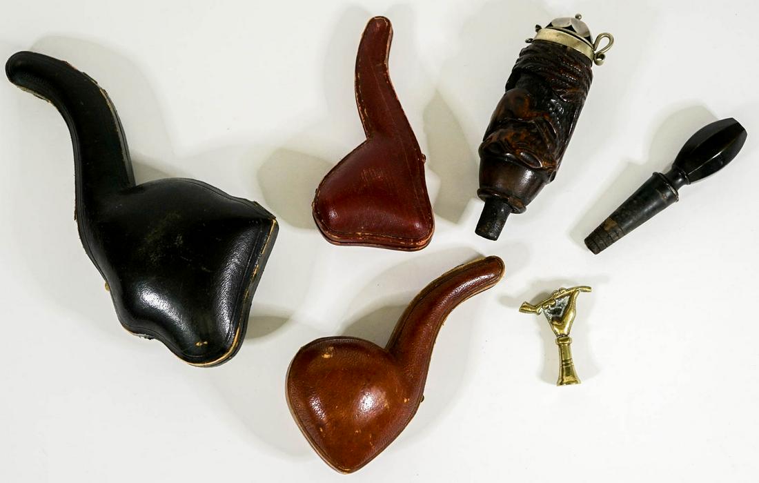 Pipe (6) Tappers, Pouch and Cases: Lot of tappers, pouch and cases. Condition used. No evidence of damage or repair. Not all pieces may be present. If lot is absent of a condition report one may be requested via email. Condition report