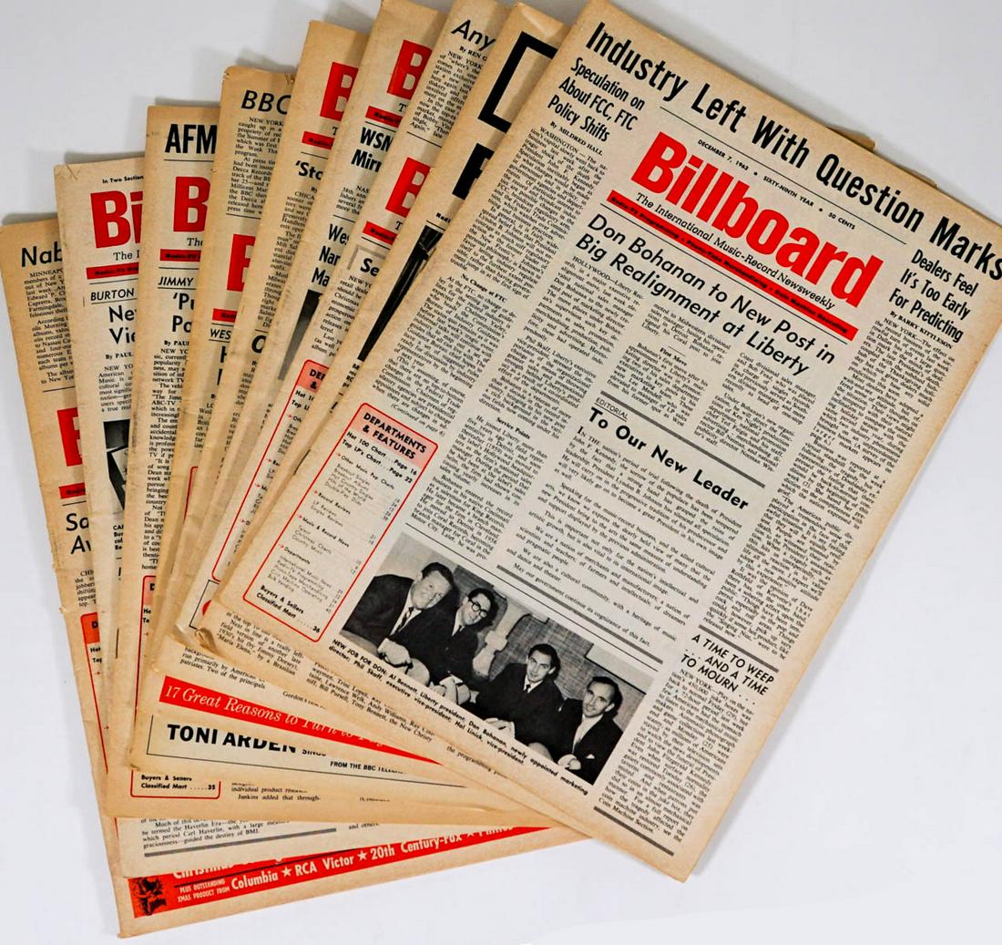 Billboard (9) Vintage 1963 Magazines: Nine (9) vintage Nov-Dec 1963 Billboard magazines. Not a complete run. Not all pages may be present. Measure 15 in. x 11.5 in. x 1 in. If lot is absent of a condition report one may be requested via e