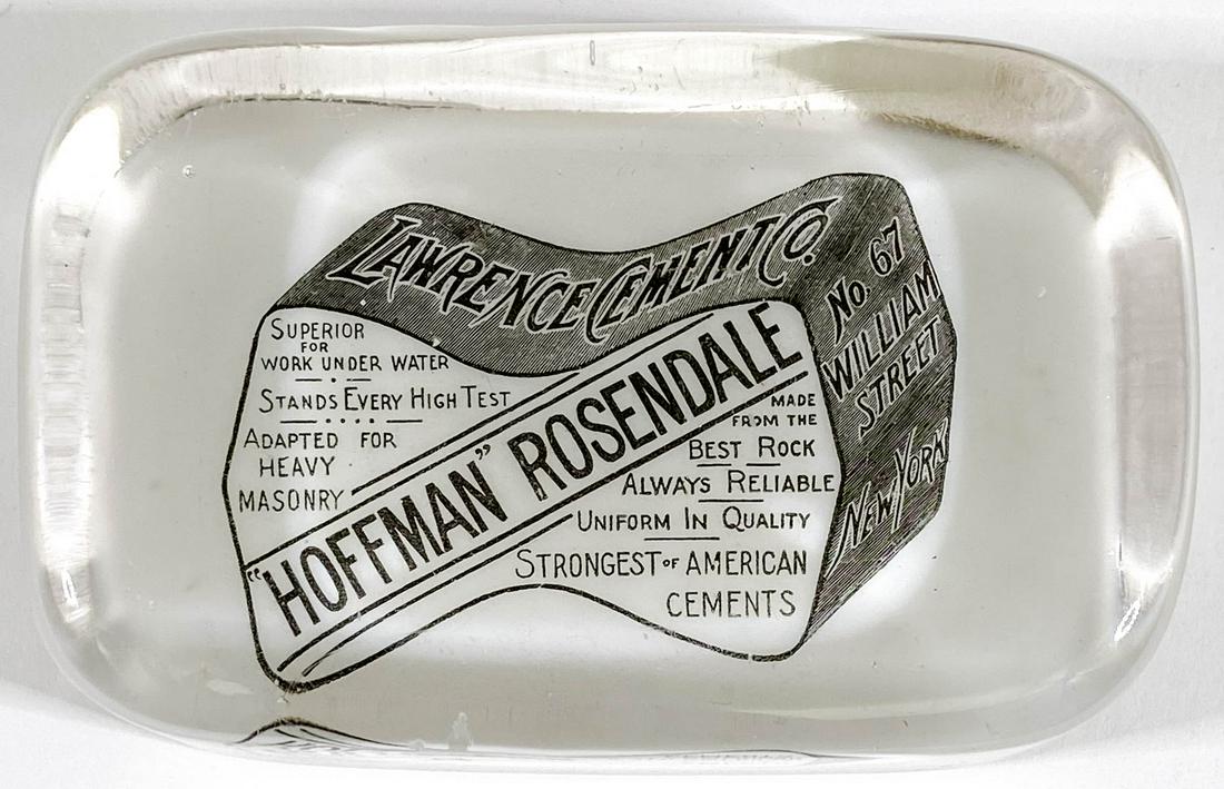Lawrence Cement, Hoffman Rosendale, N.Y.: Lawrence Cement, Hoffman Rosendale, New York Antique Advertising Glass Paperweight by Barnes and Abrams, Syracuse, New York. Measures 1.125 x 4 x 2.625 inches. Very good condition with a couple of sma
