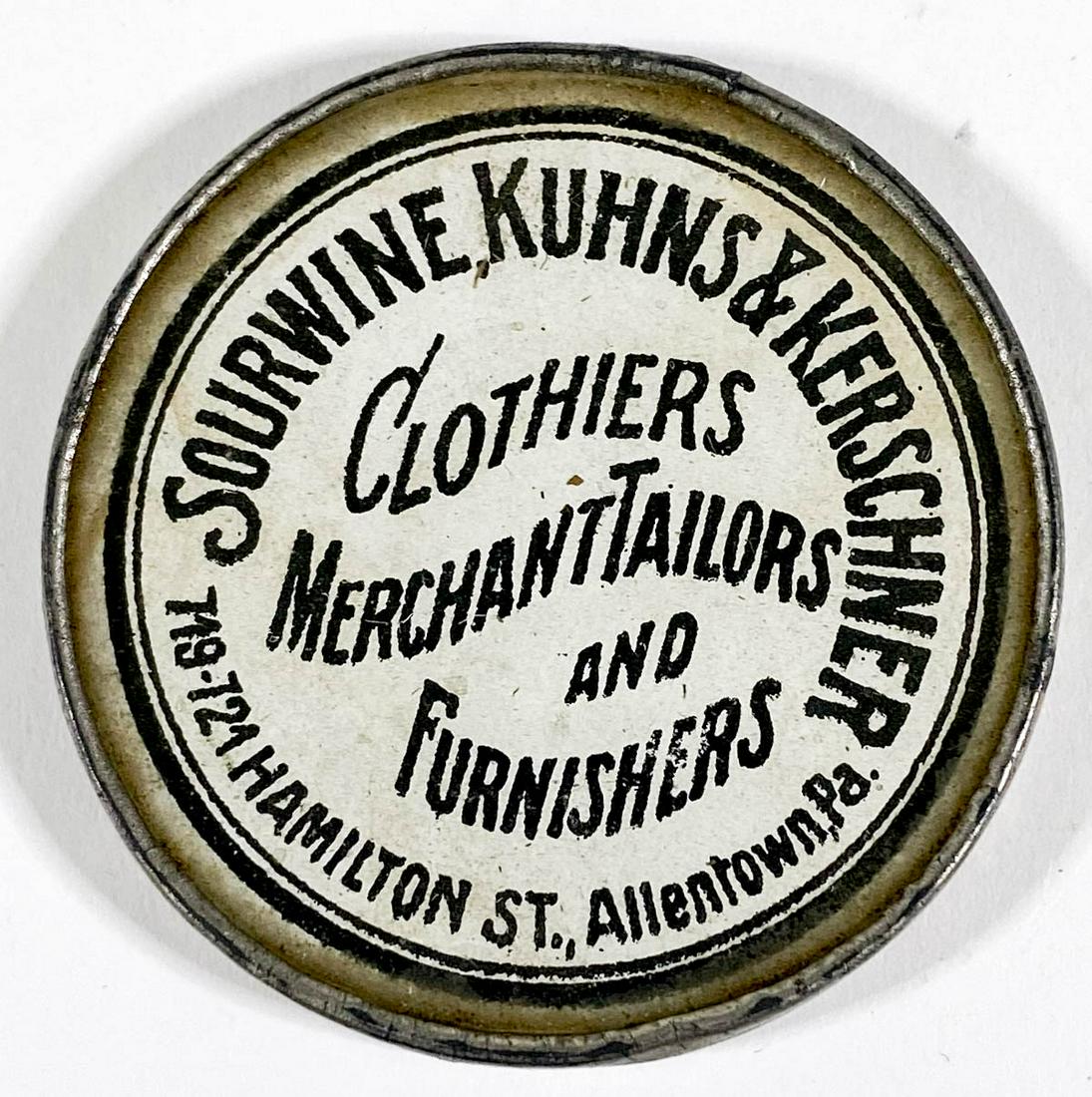 [Tailors Trimmings] Allentown, Pennsylvania: [Tailors Trimmings] Sourwine, Kuhns & Kerschner (Allentown, Pennsylvania) Antique Advertising Pocket Mirror. Measures 1.875 inches. VG-EX/EX condition. Provenance: Private collection Washington state.