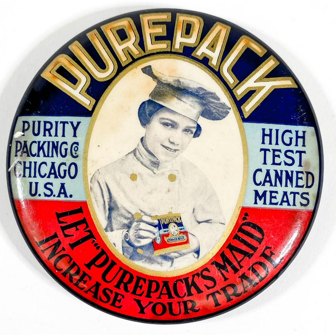 Purity Packing Co. (Chicago, Illinois): Purity Packing Co. (Chicago, Illinois) Antique Advertising Celluloid Paperweight Mirror. Measures 3.5 inches. Good condition with some stains. Provenance: Private collection Washington state. If lot i
