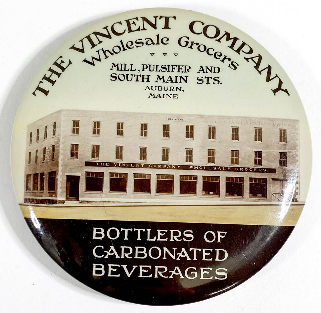 [Soda, Bottling] The Vincent Co. (Auburn, Maine): [Soda, Bottling] The Vincent Co. (Auburn, Maine) Antique Advertising Celluloid Paperweight Mirror. Measures 3.5 inches. Excellent condition. Provenance: Private collection Washington state. If lot is 