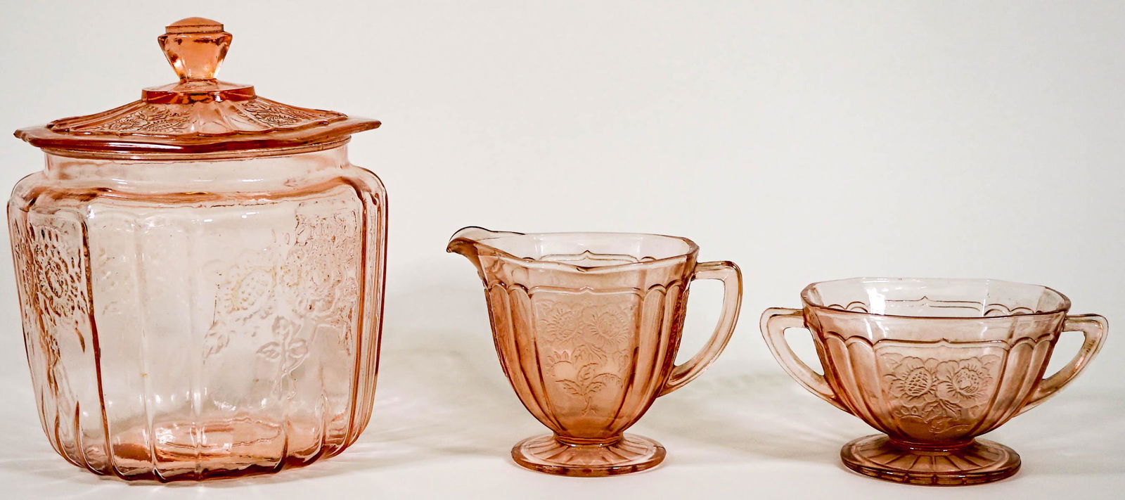Pink Depression Glass Cookie Jar, Creamer, Sugar (1 of 6)