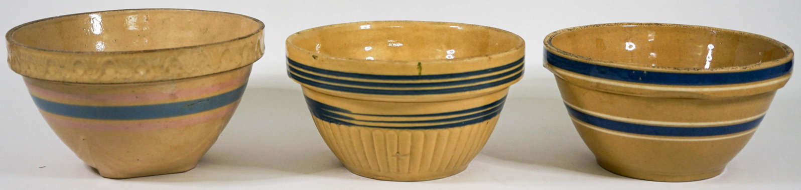 Vintage Pottery Bowls (3) Blue [Oven Ware 9]: Three (3) pottery bowls include Oven Ware #9 measures 9.375 in. across rim and is 5 in. high (wear to rim and stained with drips); the unmarked bowl measures 9 in. across rim and is 5 in. high (wear t