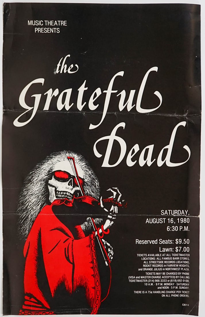 Grateful Dead August 16, 1980 Concert Poster: Grateful Dead August 16, 1980 Concert Poster. Measures 19.5 inches x 12.5 inches. This poster has been folded and stored in thirds. Fair condition. Unframed, loose and not glued or mounted. If lot is 
