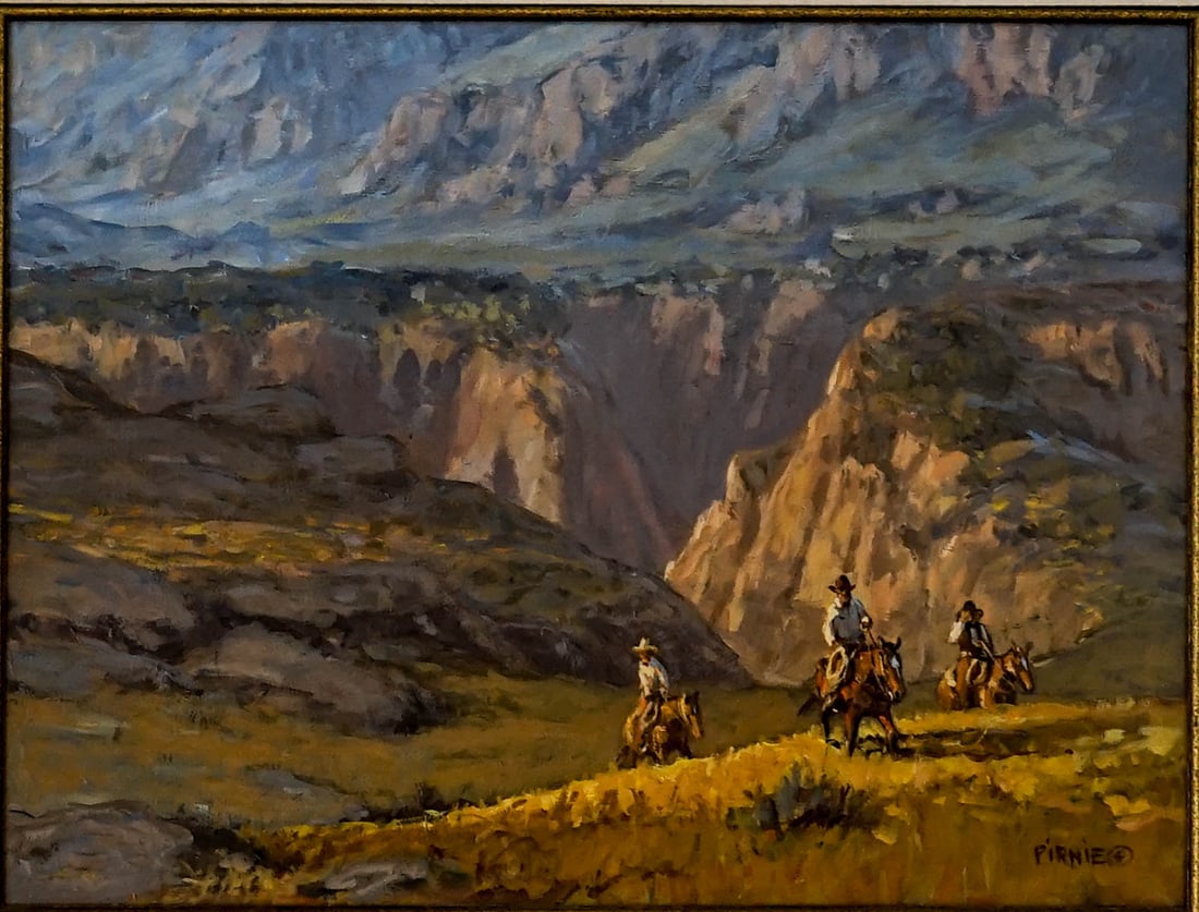 Larry Pirnie Original Oil on Board: Larry Pirnie Original Oil on Board. Measures 18 inches x 24 inches image size and 25.5 x 31.5 inches framed. Weighs approximately 10 pounds. Excellent condition. If lot is absent of a condition report