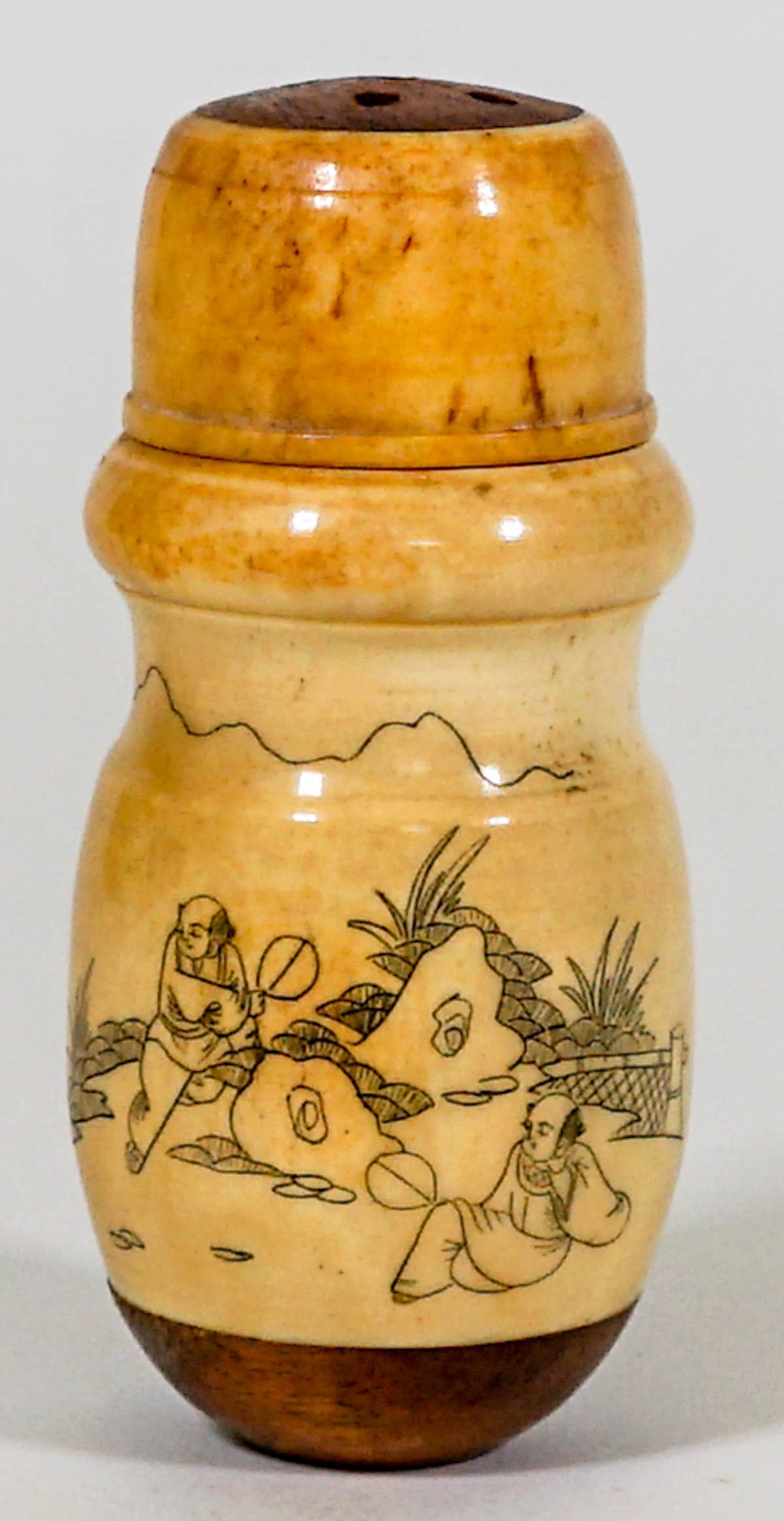 Vintage Chinese Carved Bone Shaker: Vintage Chinese carved bone shaker. Chip to rim and the shaker lid does not tighten to bottle. Measures 3.875 in. tall. If lot is absent of a condition report one may be requested via email. Condition