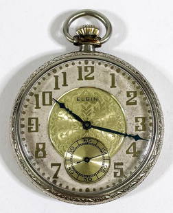 Elgin Art Deco Open Face17 Jewels Watch: Elgin Art Deco Open Face17 Jewels Pocket Watch. Does not appear to be in working order. Size 8s, movement 36.41 mm diameter. If lot is absent of a condition report one may be requested via email. Cond