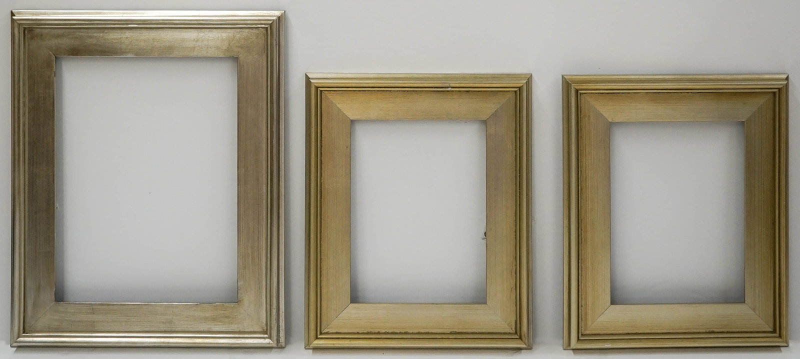 (3) Plein Air Silver Frames: (3) Plein Air silver frames. Frames measure 17 inches x 14 inches, 17 inches x 14 inches, and 21 inches x 17 inches. Inside measurements 9 inches x 12 inches, 9 inches x 12 inches, and 12 inches x 16 