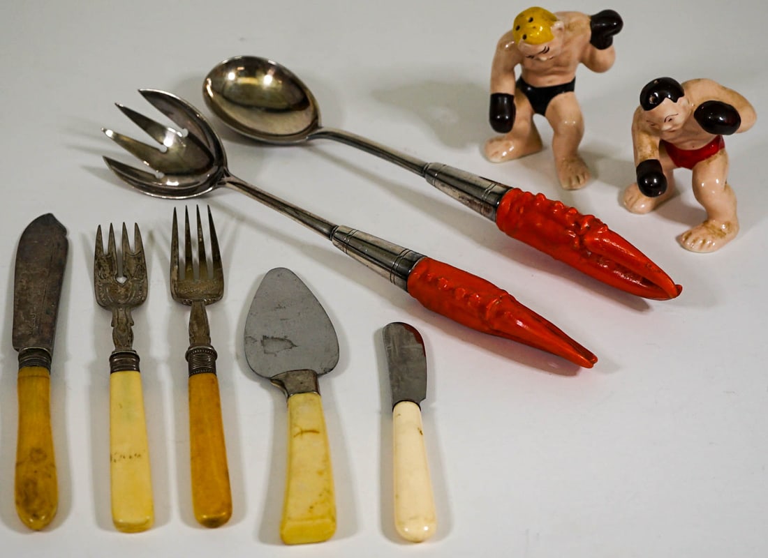 (9) Estate Lot Novelty Serveware [Boxer S & P]: (9) estate lot of novelty serveware. Provenance: Estate of David Milot. David was a Real Estate Broker by trade and a passionate, lifelong collector of anything of quality that caught his eye. His col