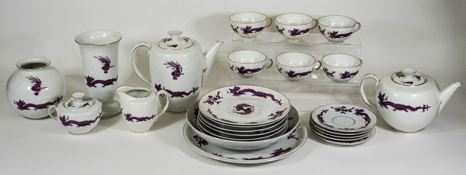 Kaestner Saxonia "Purple Dragon" Dining/Serveware: Large lot of RARE 'Purple Dragon' porcelain dining / serveware stunningly hand painted in vibrant purples and orange-red with gilt trim and design. Kaestner Saxonia maker mark on underside with hand p