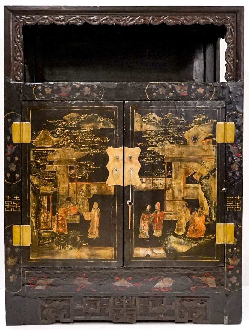 Chinese 18th Century Black Lacquer Chest Shanxi (1 of 6)