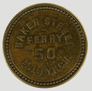 Baker Street Ferry Territorial Token Fort Benton: Baker Street Ferry Territorial Token Fort Benton, Montana. Very early and extremely rare. Montana Territory. Baker Street / Ferry / 50 / M.L. Lynch // Fort Benton / (two Indians in a canoe) / 1860. Br