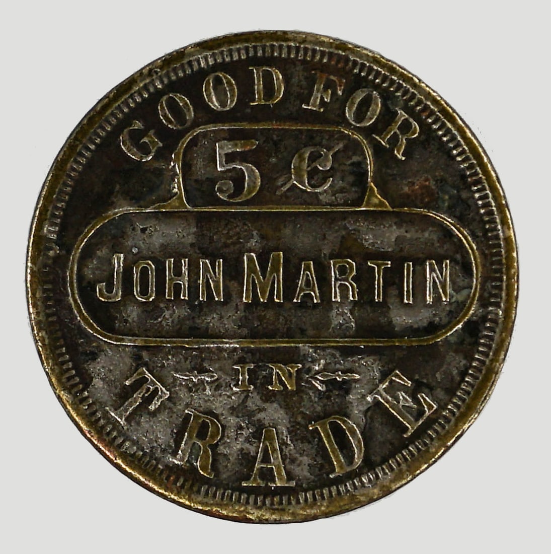 [Bannack, Montana] John Martin Brunswick Balke: [Bannack, Montana] John Martin Brunswick Balke 5c Token. Measures 25 mm. Provenance: Montana private collection. If lot is absent of a condition report one may be requested via email. Condition report