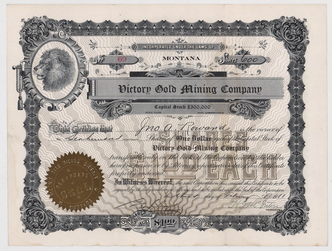 [Montana] Victory Gold Mining Stock Certificate (1 of 2)