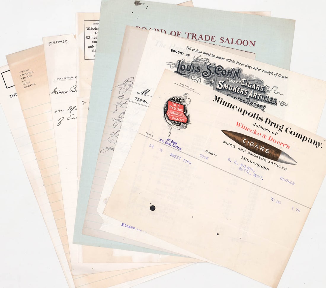 (8) Montana Saloons & Cigars Letterheads: (8) Montana Saloons & Cigars Letterheads and Billheads. Provenance: Montana private collection. If lot is absent of a condition report one may be requested via email. Condition report is provided as a