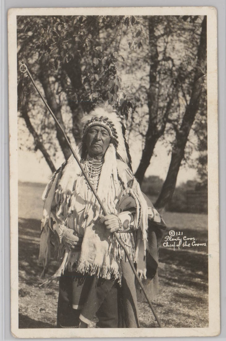 Plenty Coups, Chief of the Crows RPPC 1918-1930: Plenty Coups, Chief of the Crows Real Photo Postcard, printed 1918-1930. Provenance: Montana private collection. If lot is absent of a condition report one may be requested via email. Condition report