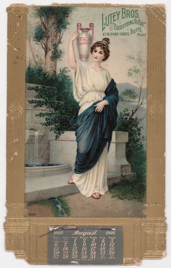 [Butte, Montana] Lutey Bros. Advertising Calendar: [Butte, Montana] Lutey Bros. 1905 Advertising Calendar. Measures 10.5 x 6.5 inches. Unframed, loose and not glued or mounted. Provenance: Montana private collection. If lot is absent of a condition re
