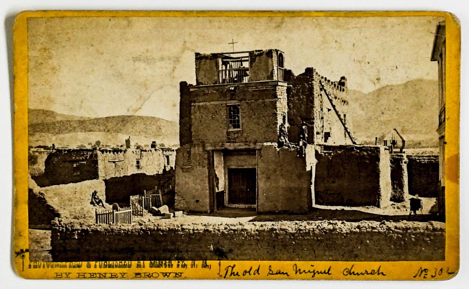 Stereoview San Miguel Church by Henry Brown: Stereoview San Miguel Church, Santa Fe, New Mexico by Henry Brown. Oversized, very slightly curved mount stereoview that measures 4.25 x 7 inches, VG-EX/EX. If lot is absent of a condition report one