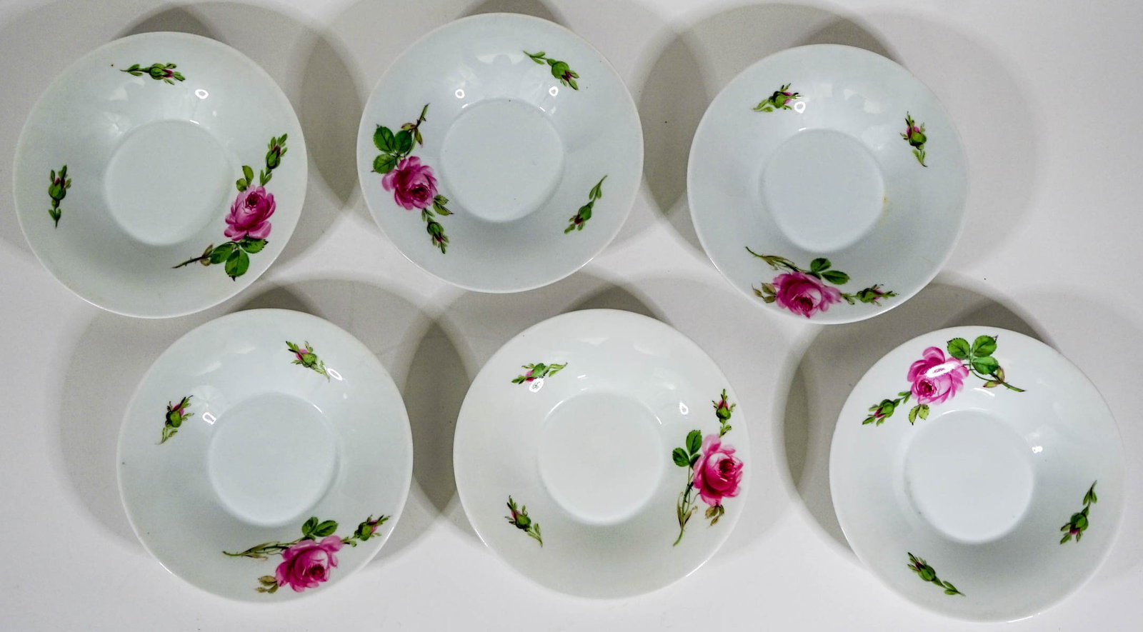 (6) Meissen Fine China Saucers: (6) Meissen Fine China Saucers. They measure 5.375 inches diameter. One has a very tiny nick on the edge. If lot is absent of a condition report one may be requested via email. Condition report is pro