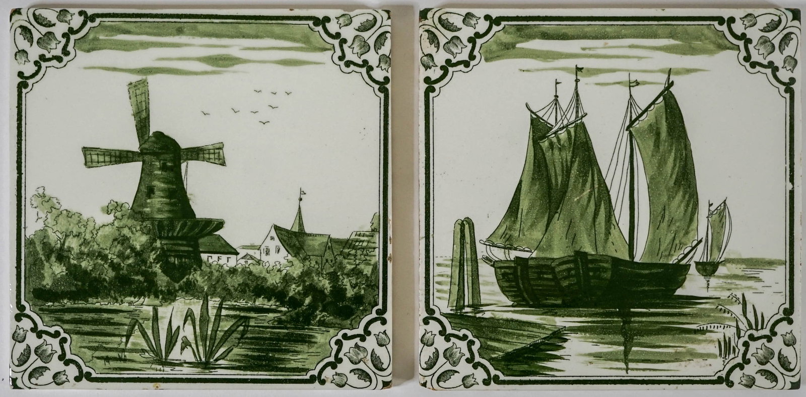Vintage (2) Green Tiles [Windmill, Ship] (1 of 4)