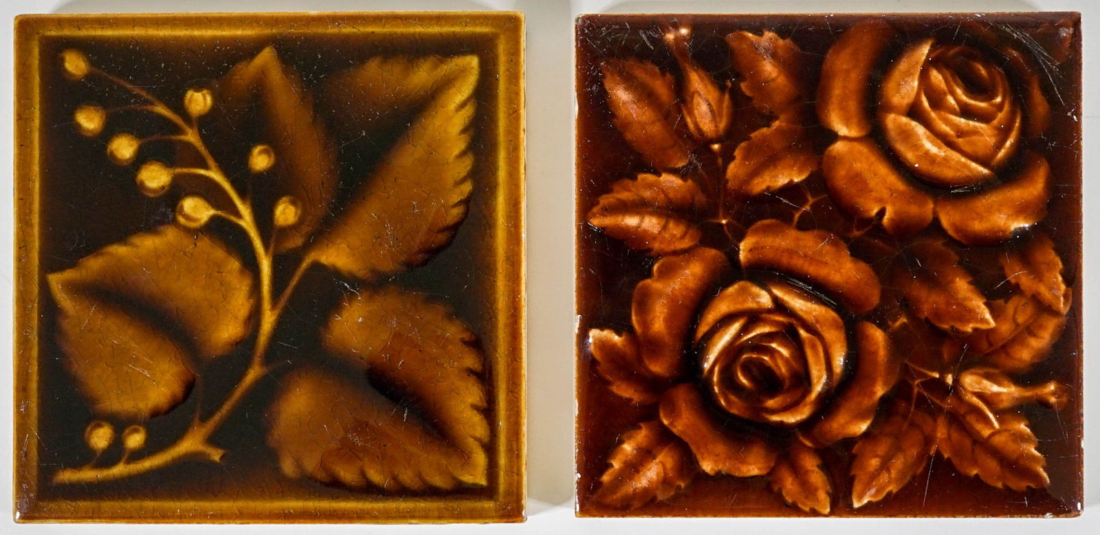 (2) Floral Handpainted Tiles [Browns] (1 of 4)