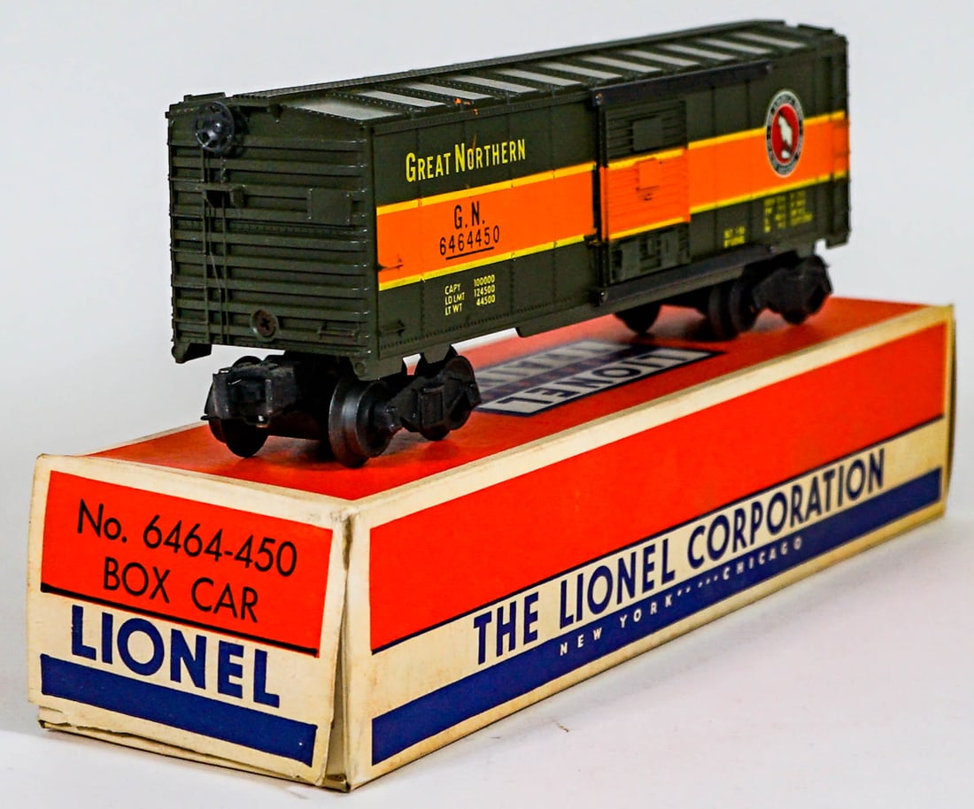 Lionel No. 6464-450 Box Car Unrun: Lionel No. 6464-450 Box Car Unrun with a few small scuffs on roof. If lot is absent of a condition report one may be requested via email. Condition report is provided as an opinion only and is no guar