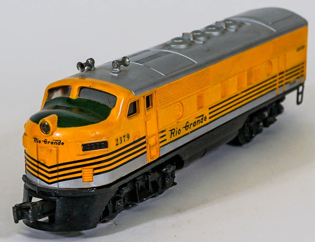 Lionel Post War 2379 Rio Grande F-3 A Diesel: Lionel Post War 2379 Rio Grande F-3 A Diesel. Two motors. Framed re-painted. Provenance: Missoula, Montana Private Collection. Untested, from a lifelong collector who serviced and repaired trains requ
