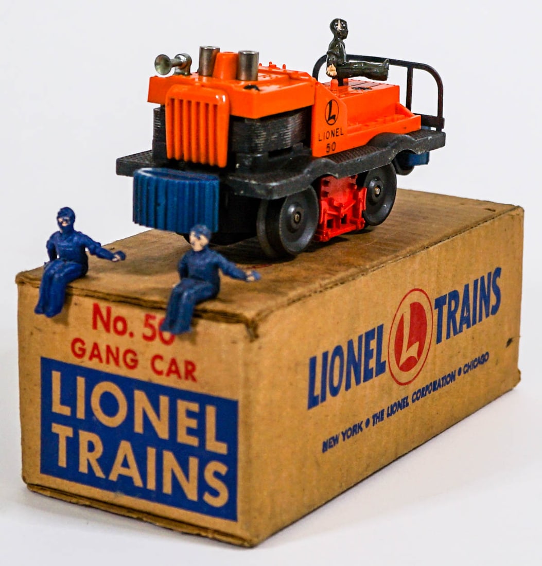 Lionel No. 50 Gang Car in Original Box: Lionel No. 50 Gang Car in Original Box. Provenance: Missoula, Montana Private Collection. Untested, from a lifelong collector who serviced and repaired trains requiring any attention. If lot is absent