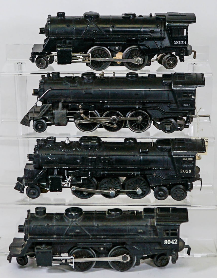 Lionel Engines 8042 1666 2029 2034: Lionel Engines 8042 1666 2029 2034. Mixed condition. Provenance: Missoula, Montana Private Collection. Untested, from a lifelong collector who serviced and repaired trains requiring any attention. If