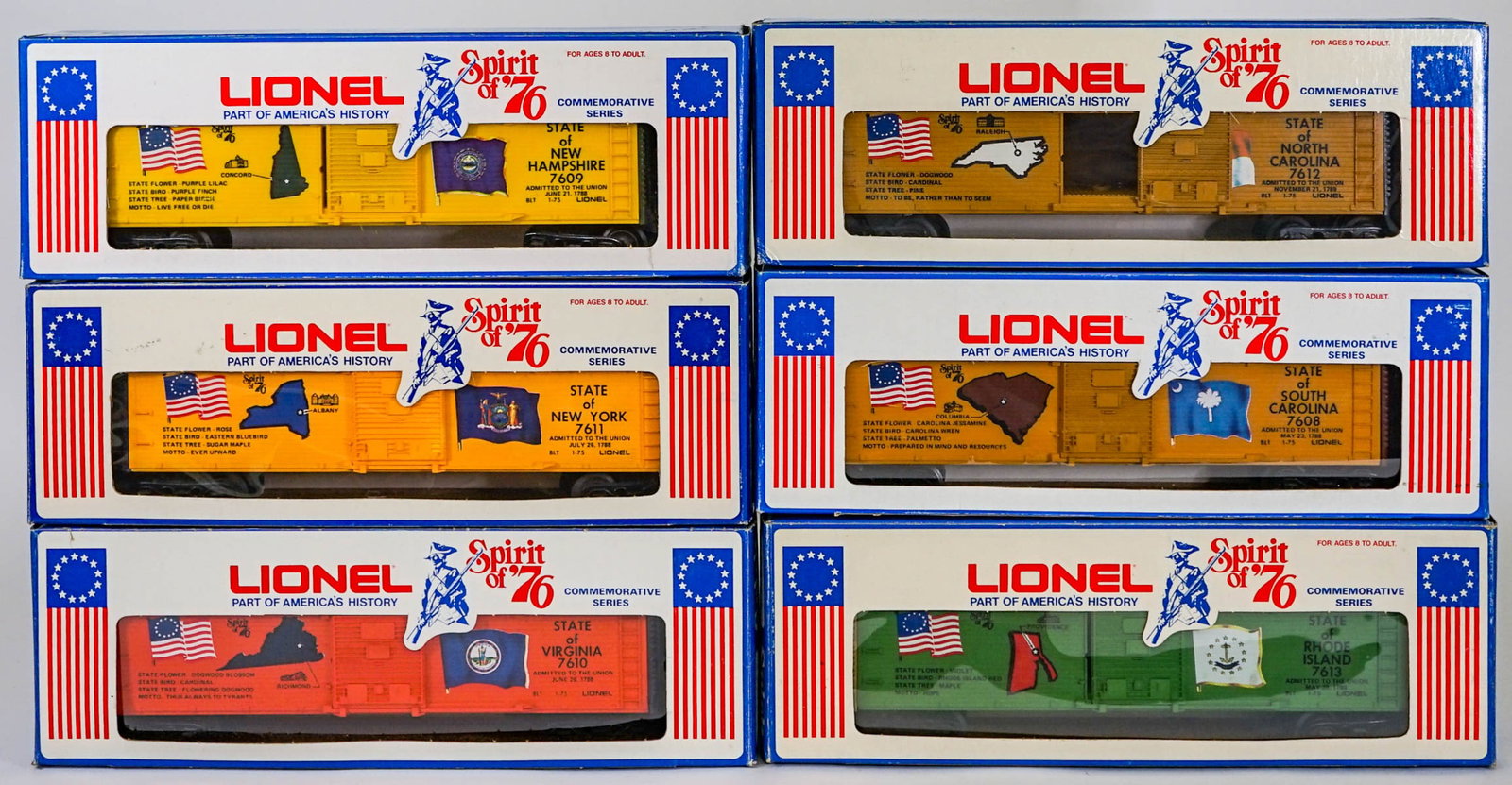 Lionel O Gauge Spirit of '76 Boxcars (6) MIB: Lionel O Gauge Spirit of '76 Boxcars (6). MIB. Provenance: Missoula, Montana Private Collection. Untested, from a lifelong collector who serviced and repaired trains requiring any attention. If lot is