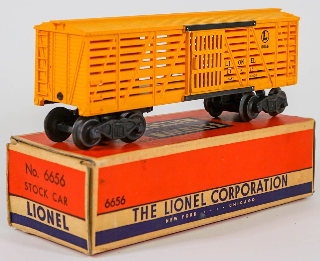 Lionel No. 6656 Stock Car Like-New in Box: Lionel No. 6656 Stock Car Like-New in Box. Provenance: Missoula, Montana Private Collection. Untested, from a lifelong collector who serviced and repaired trains requiring any attention. If lot is abs