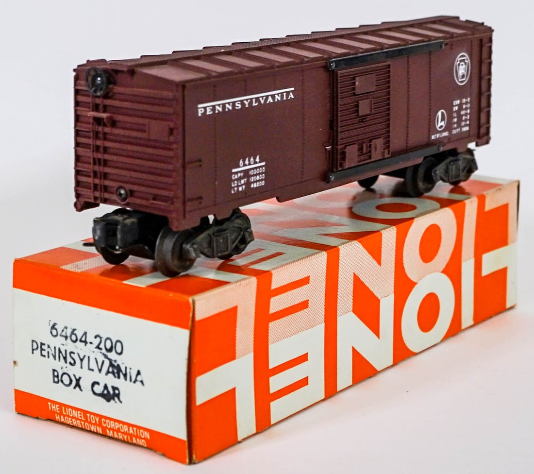 Lionel 6464-200 Pennsylvania Boxcar: Lionel 6464-200 Pennsylvania Boxcar. Provenance: Missoula, Montana Private Collection. Untested, from a lifelong collector who serviced and repaired trains requiring any attention. If lot is absent of