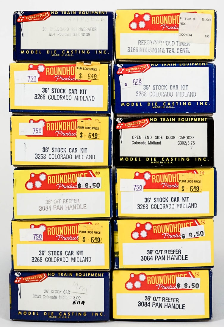 HO Scale Roundhouse New Untouched Kits (12): HO Scale Roundhouse New Untouched Kits (12). New, unbuilt in the original boxes. Provenance: Missoula, Montana Private Collection. Untested, from a lifelong collector who serviced and repaired trains 