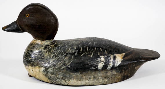 Vintage Carved Wood Duck Decoy Signed ALM: Vintage Carved Wood Duck Decoy signed ALM. Measures 6.5 x 6 x 13.75 inches. If lot is absent of a condition report one may be requested via email. Condition report is provided as an opinion only and i