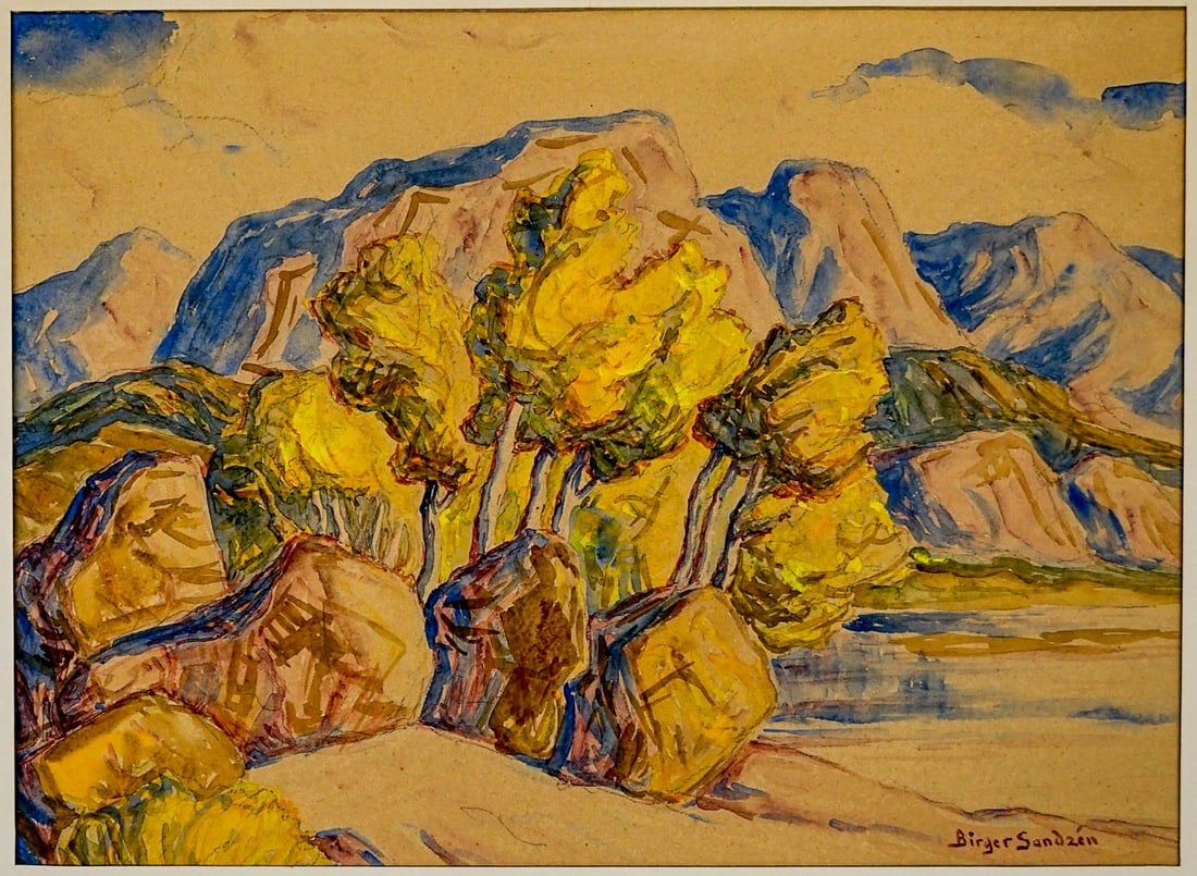 Birger Sandzen Original Watercolor: Birger Sandzen Original Watercolor "Lily Lake, Colorado". Measures 14.375 x 19.875 inches sheet size. This original watercolor on paper is glued to mat board along the top edge only, matted, measures