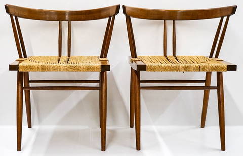 George Nakashima Grass-Seated Chairs, Pair: George Nakashima Grass-Seated Chairs, Pair. They measure 27.75 x 22.75 x 18.25 inches. Excellent condition. Provenance: Consignor purchased the pair of chairs in 1951, seats were redone at his studio