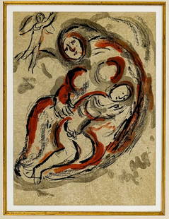 Marc Chagall Framed Lithograph: Marc Chagall Framed Lithograph "Hagar in the Desert", Mourlot 241. Measures 13.5 x 10 inches image size and 25.5 x 21.5 inches framed. Gallery framed, not inspected out of framing. If lot is absent of