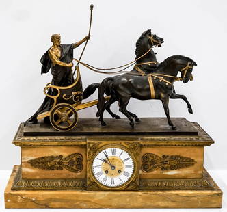 Hand Muller Bronze atop Clock Base: Hand Muller Bronze atop Clock Base. The Muller bronze sits loosely atop the clock base. Measures 25.5 x 25.5 x 10 inches. The clock is as-is, missing the mechanisms. This item requires the use of an o