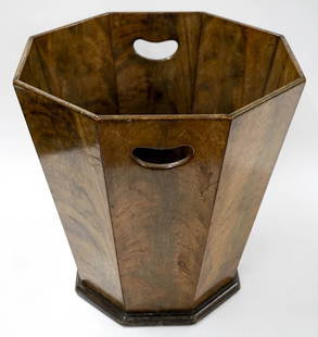 Designer Wood Waste Basket: Designer Wood Waste Basket. Measures 13.5 x 14 inches. There are some chips to the base. If lot is absent of a condition report one may be requested via email. Condition report is provided as an opini