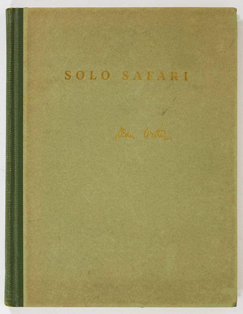 Solo Safari by Dean Witter SIGNED [Africa]: Solo Safari by Dean Witter. Undated. Inscribed and signed on front endsheet. 52 pp. illustrated. Green covers with gilt lettering. Includes Boone and Crockett cancelled check. Measures 11.25 in. x 8.7