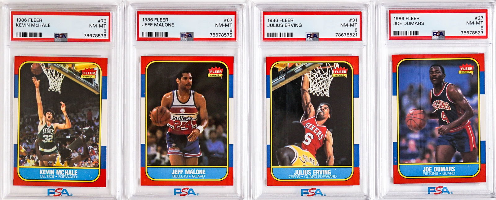1986 Fleer Basketball PSA 8's #27, 31, 67, 73 (1 of 2)