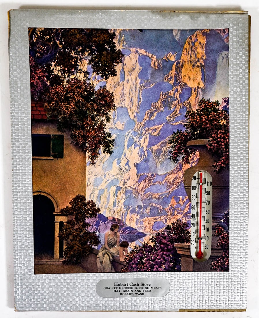 [Maxfield Parrish] Hobart, Washington Adv Therm: [Maxfield Parrish] Hobart, Washington Adv Thermometer. This advertising thermometer has been removed from the frame due to broken glass and damaged frame. Measures 8 x 10 inches. If lot is absent of a