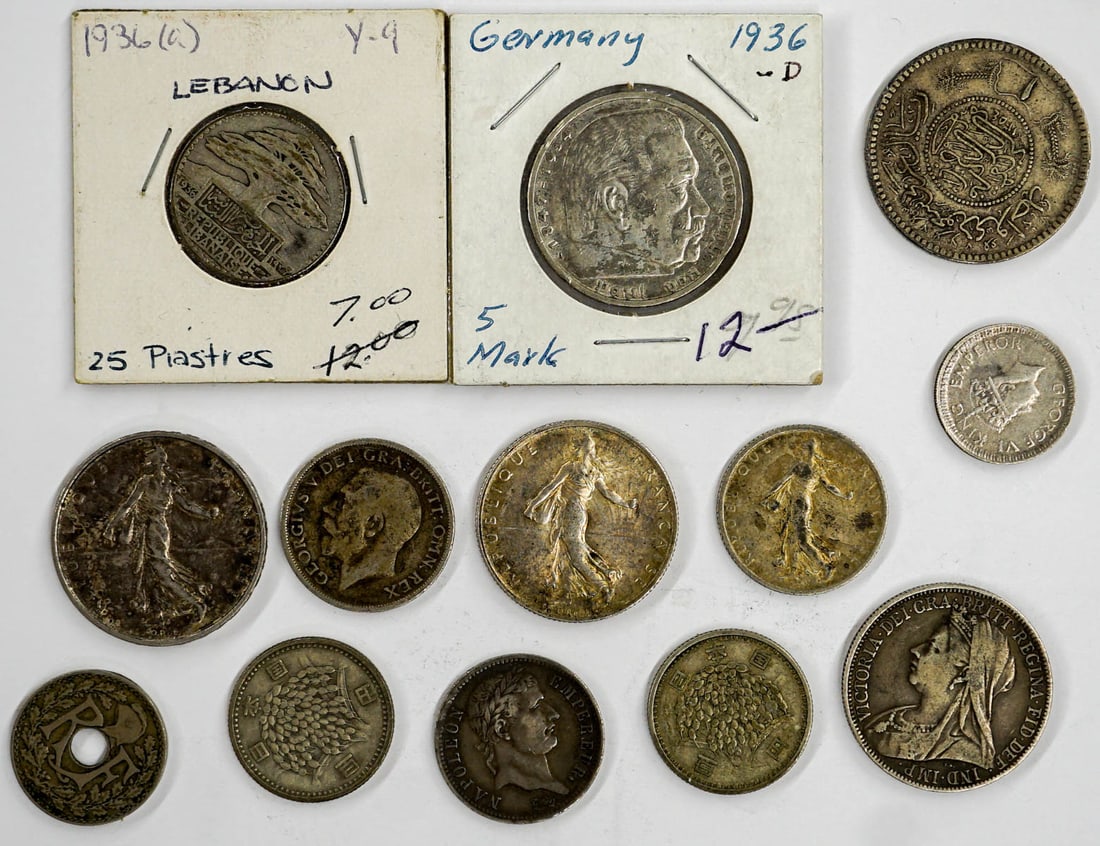Foreign Coins (Japan, Lebanon, Silver, 13 pcs) (1 of 2)