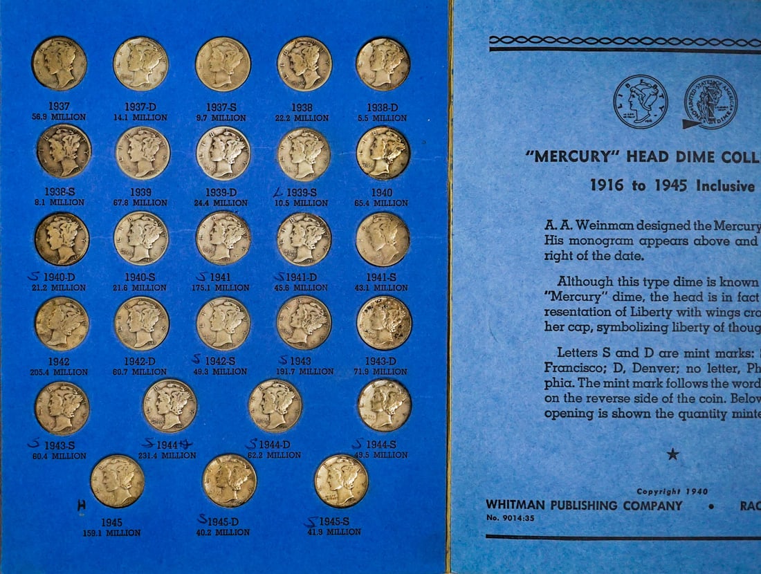(51) U.S. Silver Mercury Dimes in Whitman Album (1 of 4)