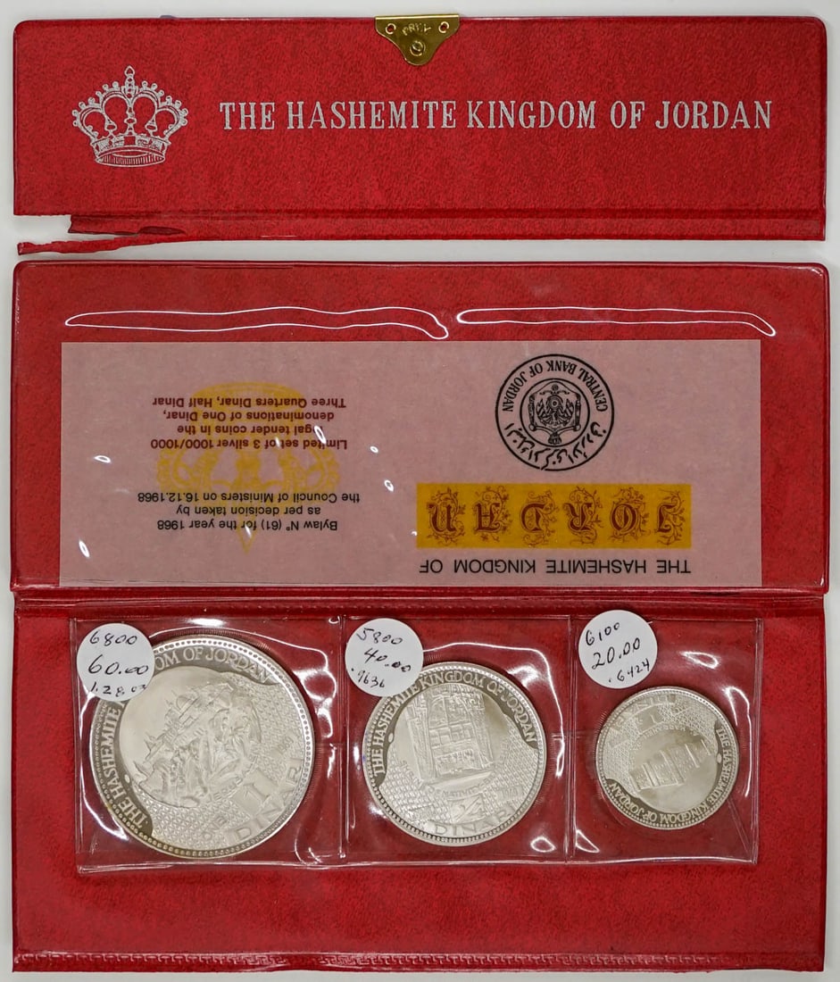 FRANKLIN MINT 1968 KINGDOM OF JORDAN PROOF SET 100: FRANKLIN MINT 1968 KINGDOM OF JORDAN PROOF SET 100% SILVER COIN. This lot requires a Wire or Zelle transfer. If lot is absent of a condition report one may be requested via email. Condition report is 