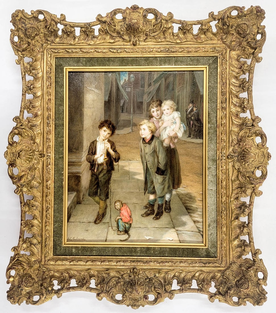 Augustus Edwin Mulready (1844-1905) Oil Painting: Augustus Edwin Mulready (United Kingdom, 1844-1905) signed original oil painting on panel [A Foreign Visitor, 1885]. Measures 10.75 x 8.625 inches (27.5 x 22 cm) image size and 16 x 14 inches overall.