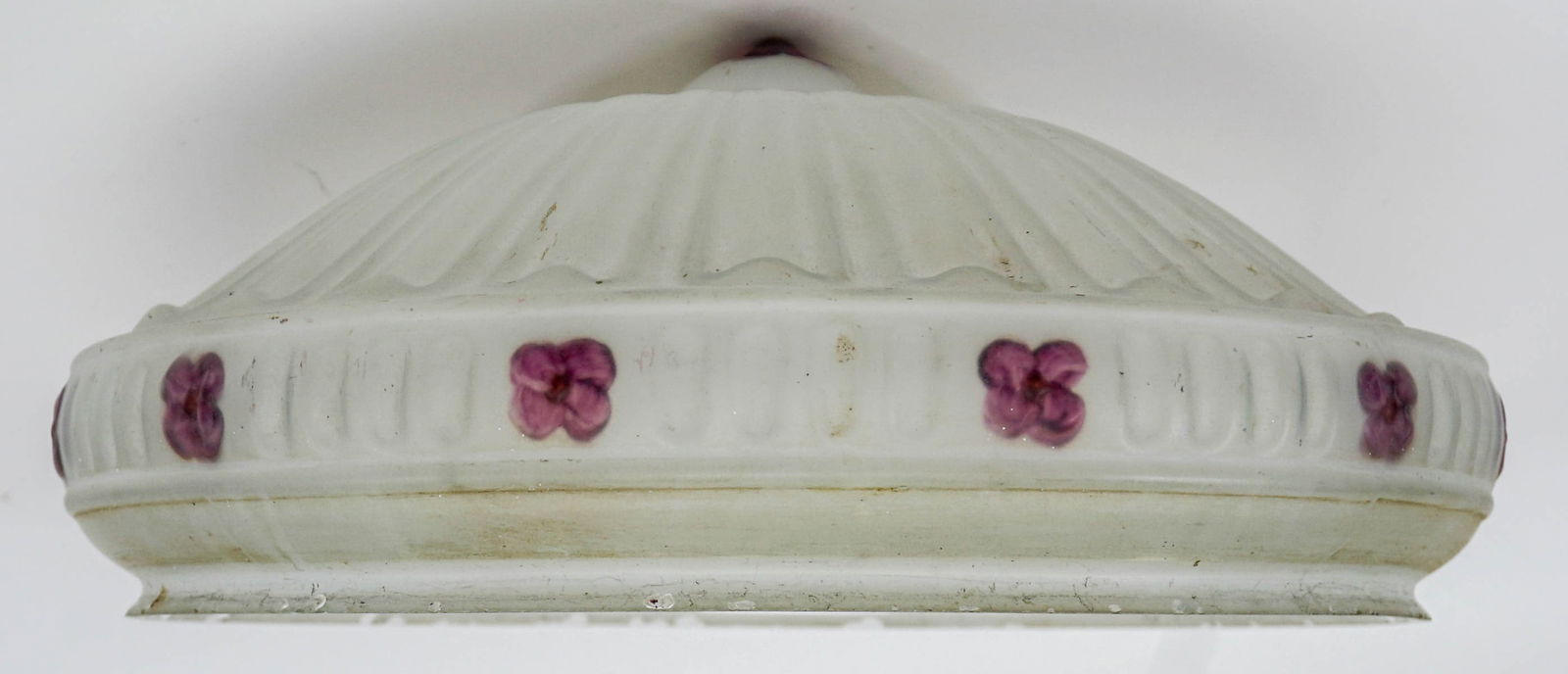 Art Deco Large Frosted Glass Light Fixture: Art Deco frosted glass with lavender designs light fixture measures approximately 15 in. wide x 5 in. deep and 14 in. across rim. Note the rim with many chips, scuffing and scarring and substance on e